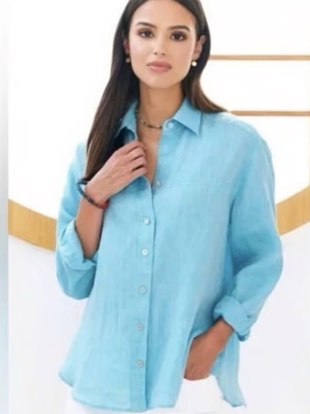Chico's Teal Linen Button-Front Shirt Lightweight Long Sleeve Blouse